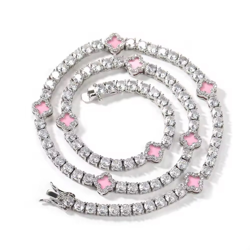 Pink Crystals Diamond and Clovers Necklace